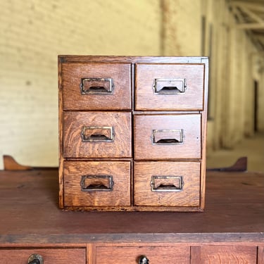 Antique Oak Six Drawer Desktop Filer Industrial Office Card Catalog 