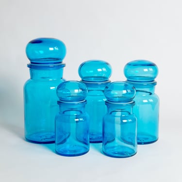 Vintage Glass Apothecary Jars with Bubble Lids, Marine Blue, Made in Belgium 1970's, Discount for Set of 5 or Purchase Individually 