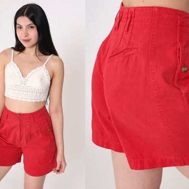 Red Shorts 90s Pleated Trouser Shorts Retro High Waisted Rise Mid Length Summer Basic Plain Simple Cotton Vintage 1990s Palmettos Small S 26 
