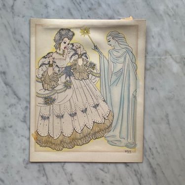 Early 20th Century Drawing Ink Vintage Victorian Style Cleta Irving slipper Nobility Cinderella Sisters 