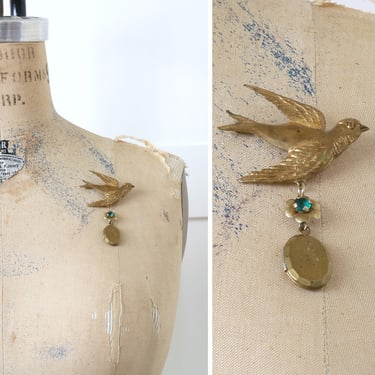 vintage repurposed Victorian bird brooch • OOAK handmade gold tone swallow & flower hanging locket 