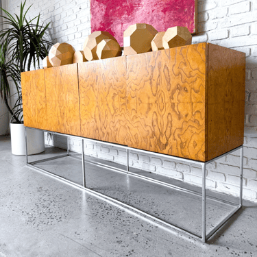 Designer Milo Baughman for Thayer Coggin Bookmatched Burlwood Credenza with Chrome Base