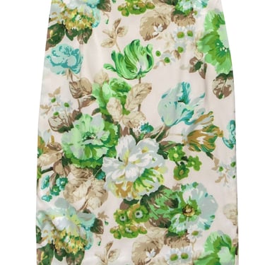 Dolce &amp; Gabbana - Cream &amp; Green Floral Print Satin Pencil Skirt Sz 2