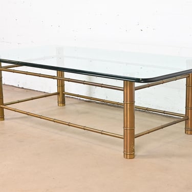 Mastercraft Mid-Century Modern Hollywood Regency Bamboo Form Brass and Glass Cocktail Table, Circa 1970s