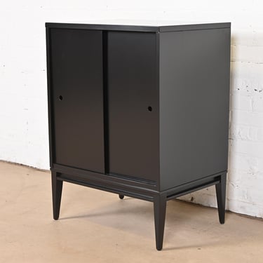 Paul McCobb Planner Group Black Lacquered Record Cabinet With Sliding Doors, Newly Refinished