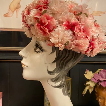 1950s pillbox hat, vintage millinery, pink floral hat 