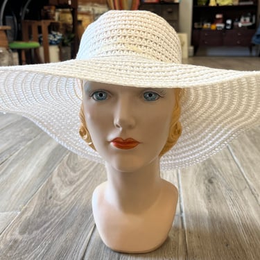 vintage wide brim sun hat 1970s white boho straw sunhat 