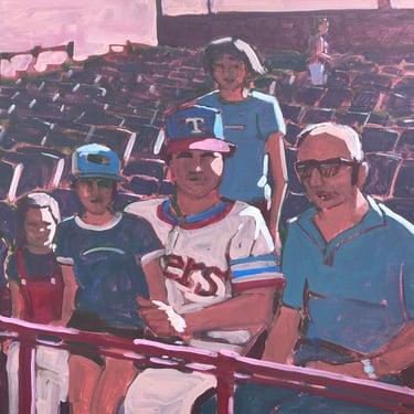 Family at Baseball Game - Original Acrylic Painting on Canvas 20 x 20, fine art, retro, summer, rangers, texas, michael van, vintage 