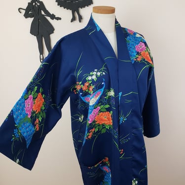 Vintage 1970's Peacock Kimono / 80s Blue Robe M/L 