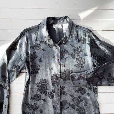 shiny silver blouse 90s y2k vintage shimmery gray black floral shirt 