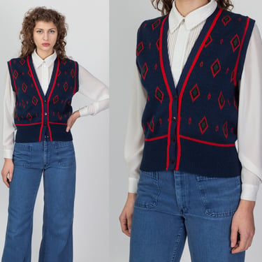 70s Pendleton Wool Knit Diamond Sweater Vest - Men's Small | Vintage Navy Blue Deep V Neck Pullover Top 