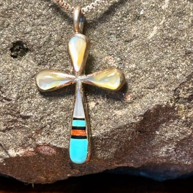 Sterling Silver Turquoise Cross Necklace Native American Zuni Vintage Retro 