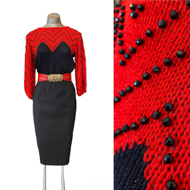1980s beaded sweater, by nannell, chevron print, vintage knit top, jagged sleeves, zig zag, red and black, jet glass beads, 1940s style, vlv 