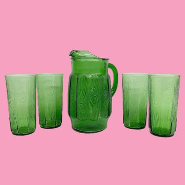 Vintage Pitcher and Glasses Retro 1970s Mid Century Modern + Anchor Hocking + Green Glass + 5 Piece Set + Drinking and Serving + MCM Kitchen 