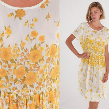 White Floral Dress 60s Day Dress Semi-Sheer Midi Yellow Flower Print High Waisted Short Sleeve Sundress Knee Length Vintage 1960s Large L 