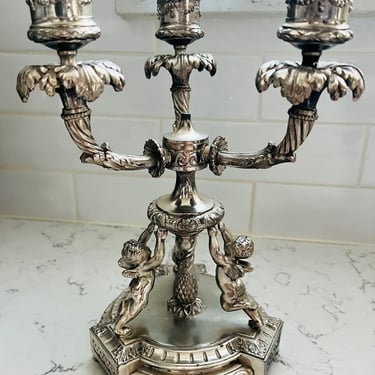 Antique Silvered Bronze Trio Cherub Candelabras Candlesticks by Pairpoint Silver Company by LeChalet