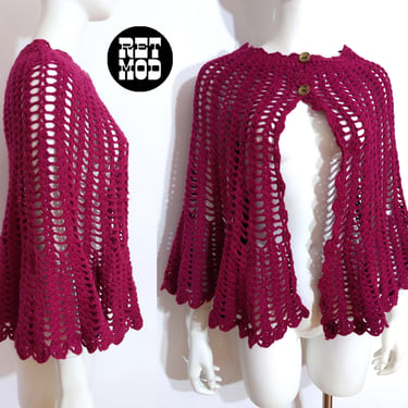 Cute Vintage 70s Magenta Crochet Poncho Shawl 