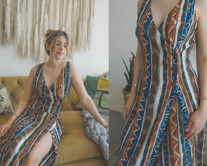 Vintage 1990s Compagnie Internationale Express Dress | Printed Dress | Long Wrap Dress | Size Small/Medium | Made in USA 