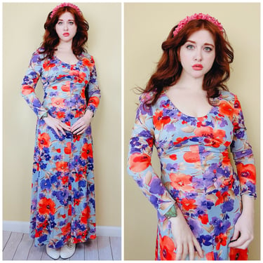 1970s Vintage Tracy Petites Nylon Maxi Dress / 70s / Seventies Floral Print Knit Long Sleeve Gown / Size Medium 