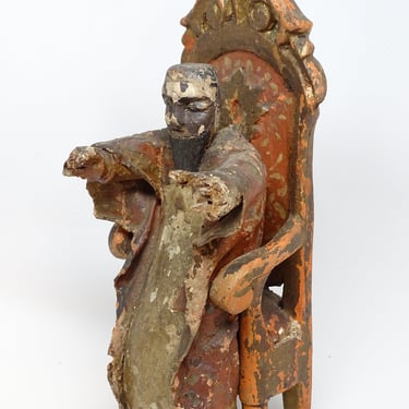 Antique 1800's Santos Hand Carved Religious Saint on Wooden Throne,  Vintage Religious Folk Art 