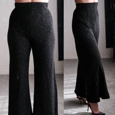 Vintage 80s Donna Karan Black Label Black Nubby Flecked High Waisted Flare Leg Pants | 1980s DKNY Designer High Waisted Bell Bottom Pants 