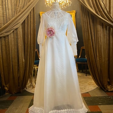 1970s wedding dress, vintage bridal gown, balloon sleeves, empire waist, high neck, applique daisies, sheer ivory chiffon, medium, bohemian 