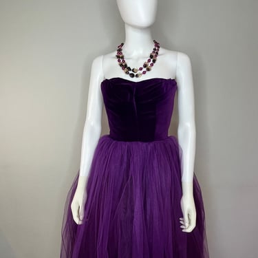 Belle of the Ball - Vintage 1950s Deep Violet Velvet & Tulle Ballerina Evening Cocktail Gown Dress 