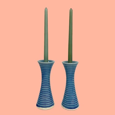 Vintage Candlestick Holders Retro 1990s Contemporary + Ceramic + Blue Stripe + Tapered + Set of 2 + Candle Holder + Modern + IKEA Home Decor 