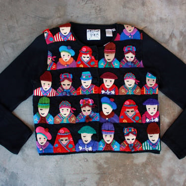 1997 Michael Simon Maximalist Colorful Novelty Cardigan with Felt People in Hats Size M 
