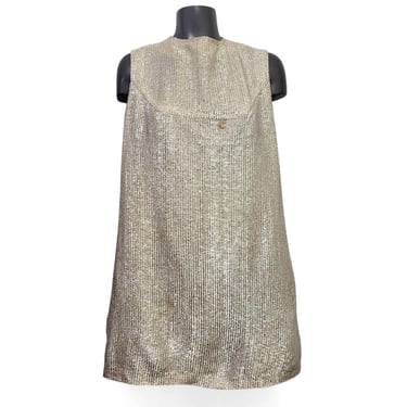 Vintage Silver Shimmy Trapezoid Mini Dress, Sleeveless 1960s Groovy Disco, Twiggy Laugh-In Style, Metallic Space Age 