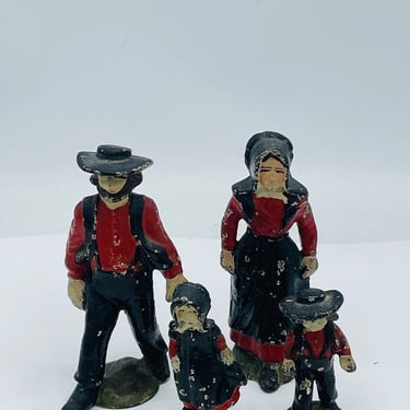 Vintage Cast Iron Amish Family Figurines Set 4 Parents, Daughter & Son 