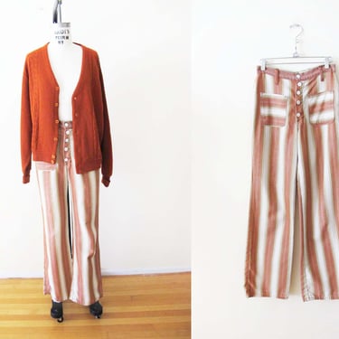 Vintage 60s Striped Sailor Pants 26 Small - 1960s Rust Orange Cream High Waist Wide Leg Cotton Pants 