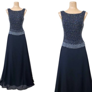 VINTAGE 90s Y2K Exquisite Navy Blue Chiffon Beaded Evening Gown by Jkara Sz 8 | 1990s 2000s Mother of the Bride Formal Dress | vfg 