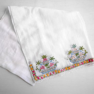 Vintage Hand Embroidered Tea Towel with Floral Design 