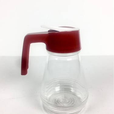 Vintage Glass Syrup Dispenser with Maroon Burgundy Top 