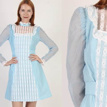 Plain Baby Blue Short Swiss Dot Dress, Vintage 70s Polka Print Material, Tuxedo Ruffle Micro Mini Frock 
