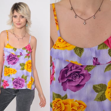 90s Jams World Tank Top Floral Shirt Purple Rose Print Spaghetti Strap Cami Ruffled Blouse 1990s Summer Pink Yellow Vintage Small Medium 