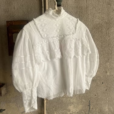 Antique Edwardian White Net  & Lace Bodice Star Embroidery Dress Blouse Vintage
