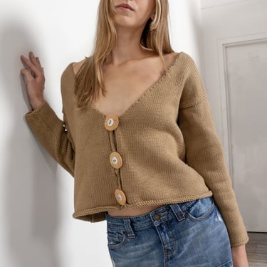 TAN CROPPED JUMPER Cardigan Sweater Cotton Low Cut Boxy Oversize Fall Winter / Medium 