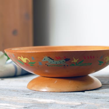 Painted wooden bowl / Munising wooden bowl / turned maple wood bowl / horse bowl / footed serving bowl / fruit bowl / rustic farmhouse decor 