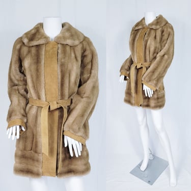 Lilli Ann 1960's Tan Faux Fur Suede Teddy Bear Coat I Jacket Sz Med I Belted Waist 