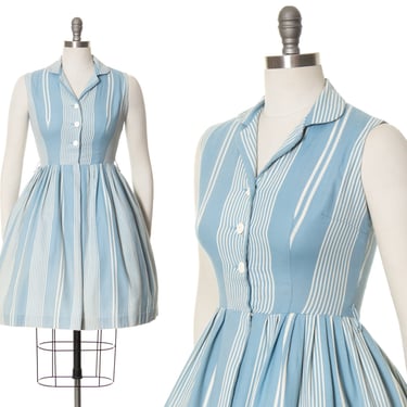 Vintage 1950s 1960s Shirt Dress | 50s 60s Blue Striped Cotton Pinstriped Full Skirt Fit and Flare Sundress Shirtwaist Day Dress (small) 