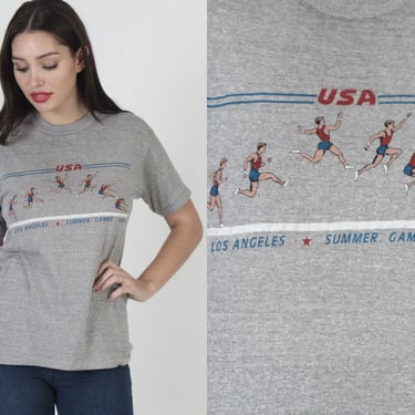 1984 Heather Grey USA Olympic Games T Shirt, Soft And Thin Single Stitch Tee, 80s Vintage Summer Games L 