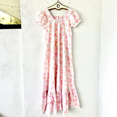 Vintage Hawaiian Dress Muumuu Prairie Pink Floral Hawaii Eyelet Lace Babydoll 