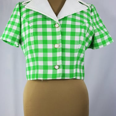 Vintage 70s Green and White Checked Short Sleeve Button Down Cropped Top/Blazer by O'Bryan 