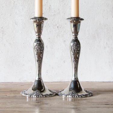 Silver Plated Ornate Candle Holders Pair, Set of Two Vintage Candlestick Holders 