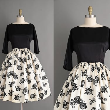 vintage 1950s Dress | Black Silk Satin Floral Full Skirt Party Dress | Medium 