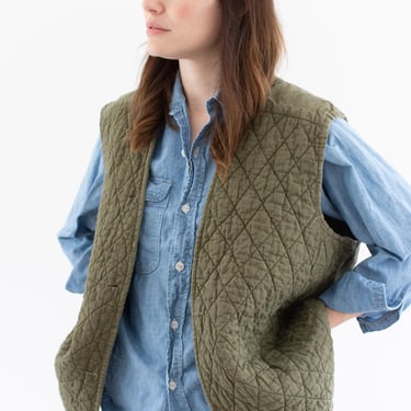 Vintage Green Diamond Quilt Cotton Vest | Unisex Sleeveless Liner Jacket | L | V7 