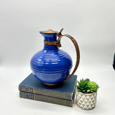 Vintage Bauer Ring Ware Pottery Delft Blue Carafe Pitcher with Copper Raffia Handle and Lid, Art Deco California Pottery 