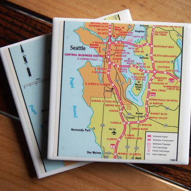 1968 Seattle Washington Highway Map Coaster Set of 2. Vintage Map Seattle. Vintage Puget Sound. Washington State Gift. Seattle coasters. 